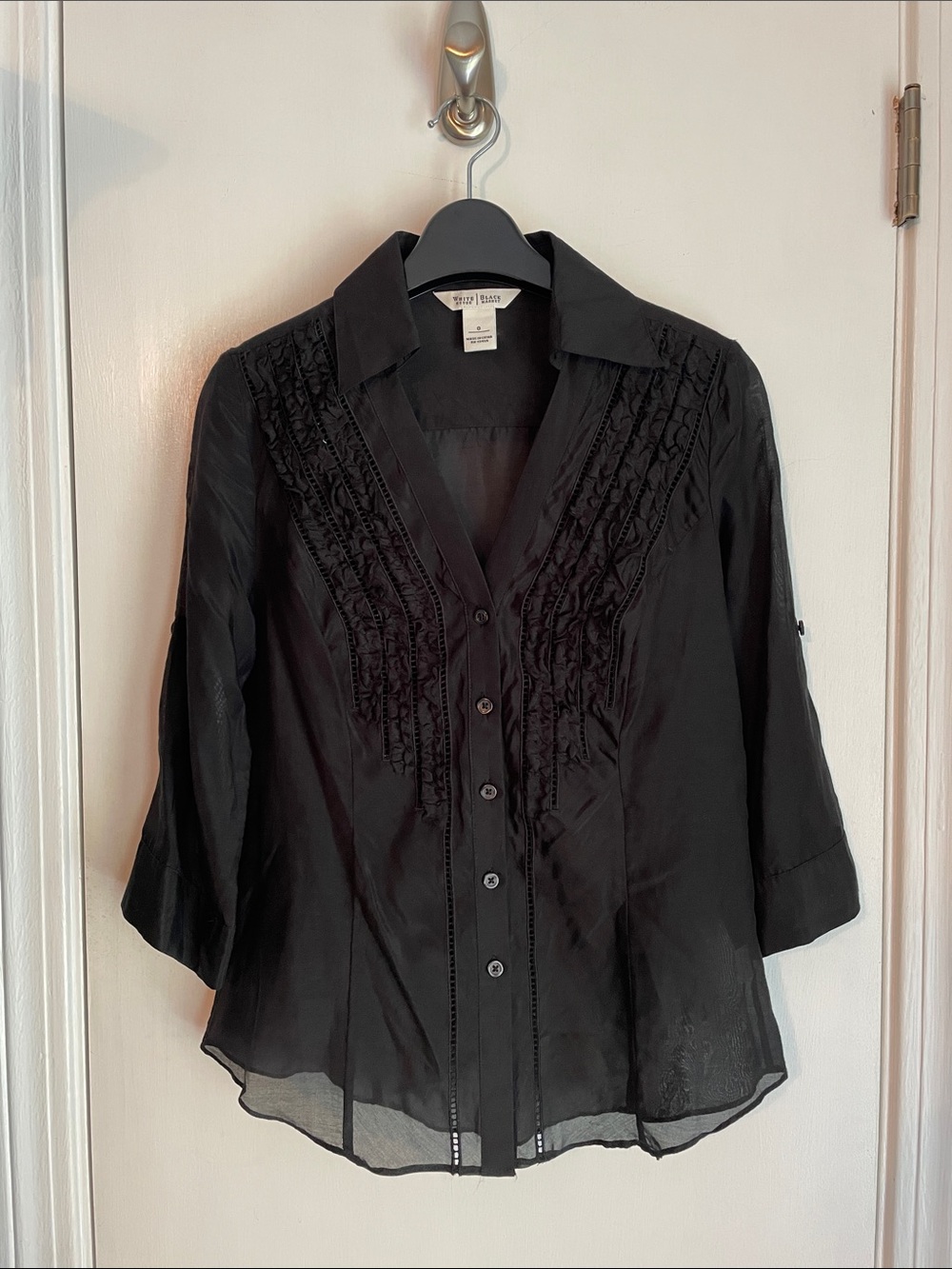 White House Black Market Sheer Black Ruffle-Trim Button Down Blouse